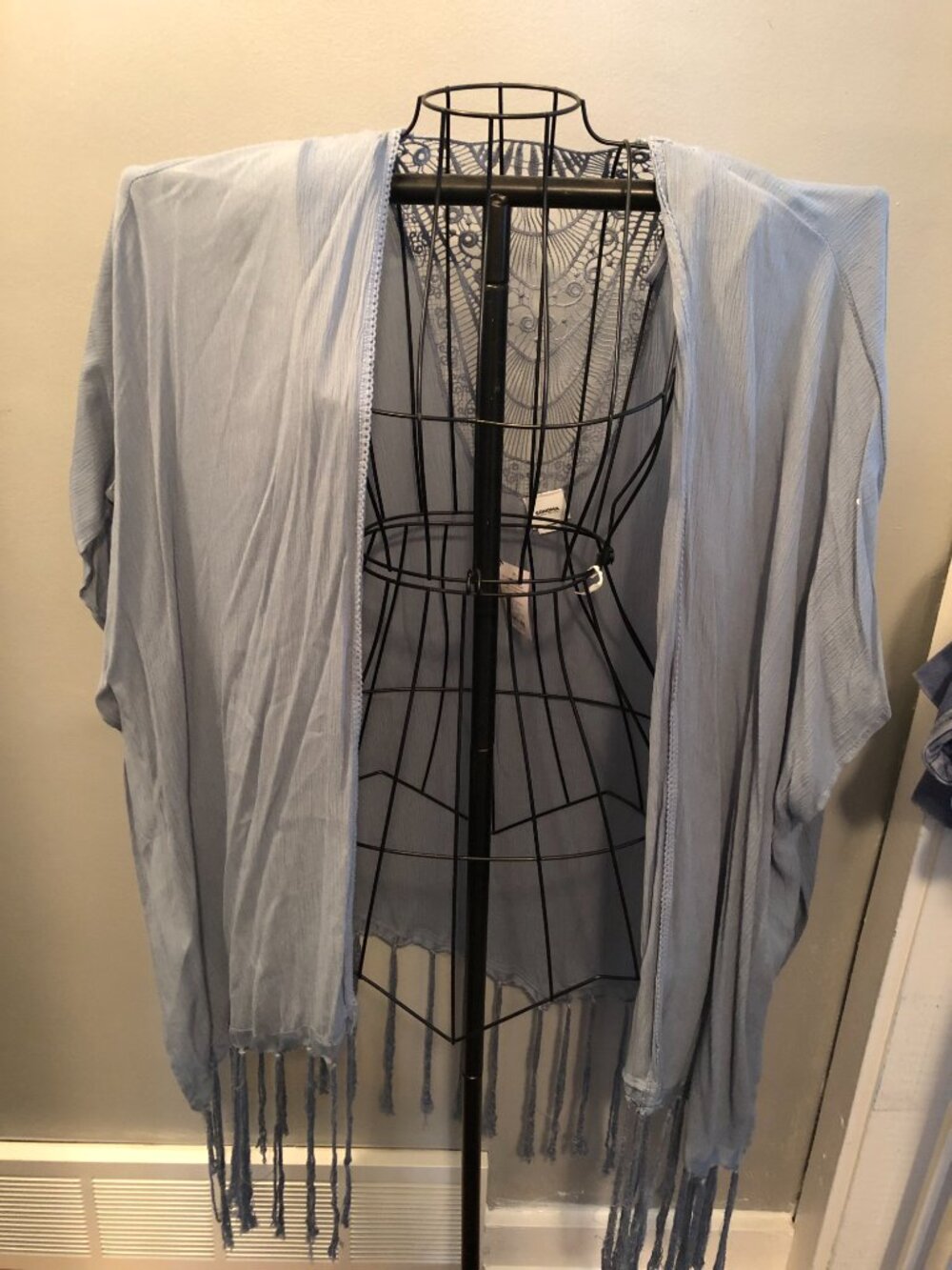 NWT Sonoma Blue Fringe Boho Coverup Kimono ONE SIZE 37" Pit to Pit #KF
